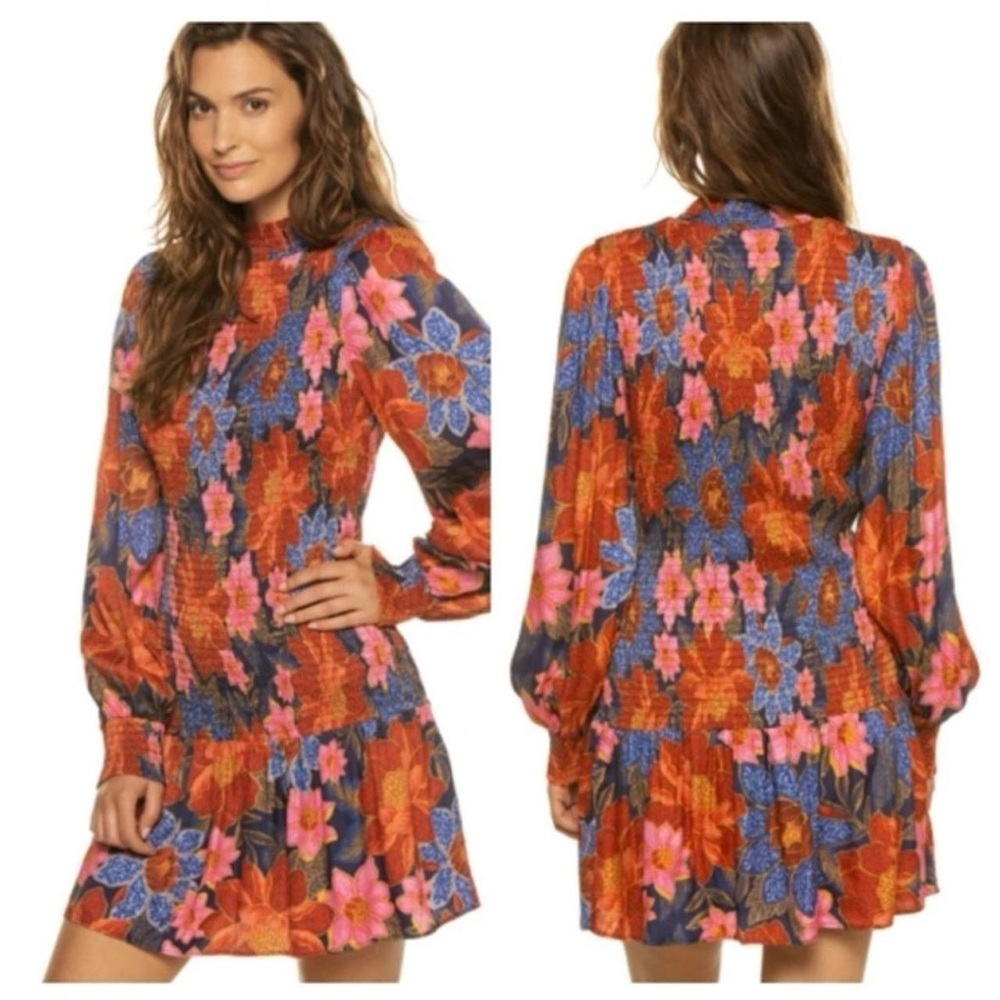 FARM RIO Garden Smocked long sleeve mini dress size medium